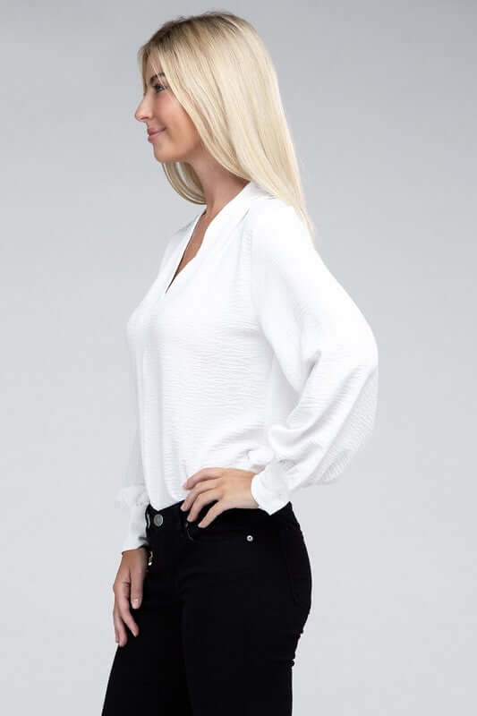 Woven Airflow V-Neck Long Sleeve Top, ZENANA, $ 26.95