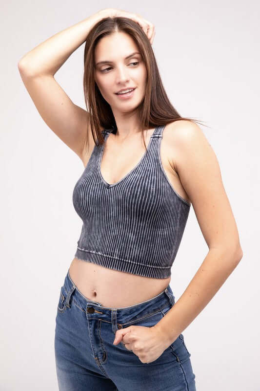 Washed Ribbed Cropped V-Neck Tank Top, ZENANA, $ 25.95