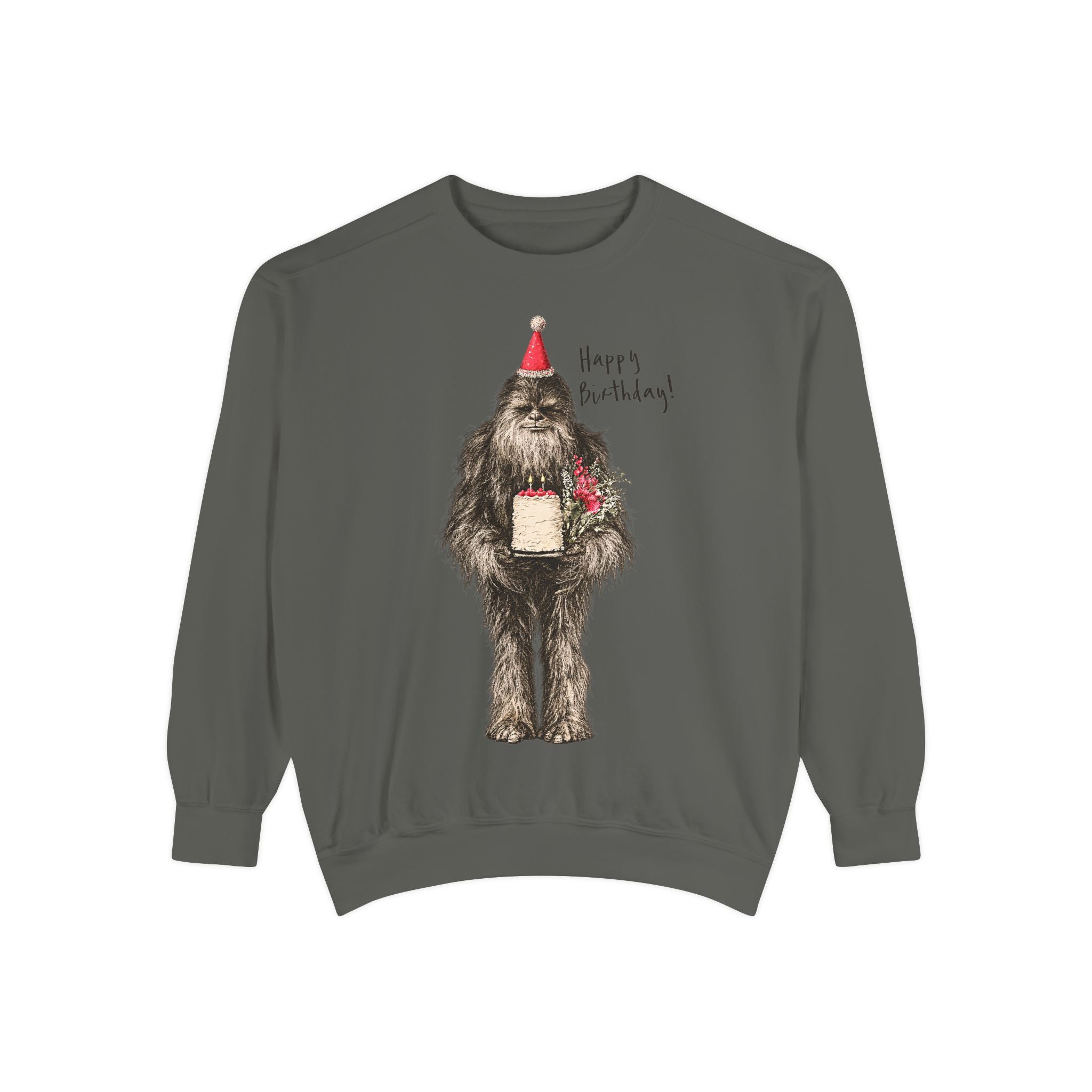 Birthday Bigfoot Sweatshirt — Funny Sasquatch with Cake