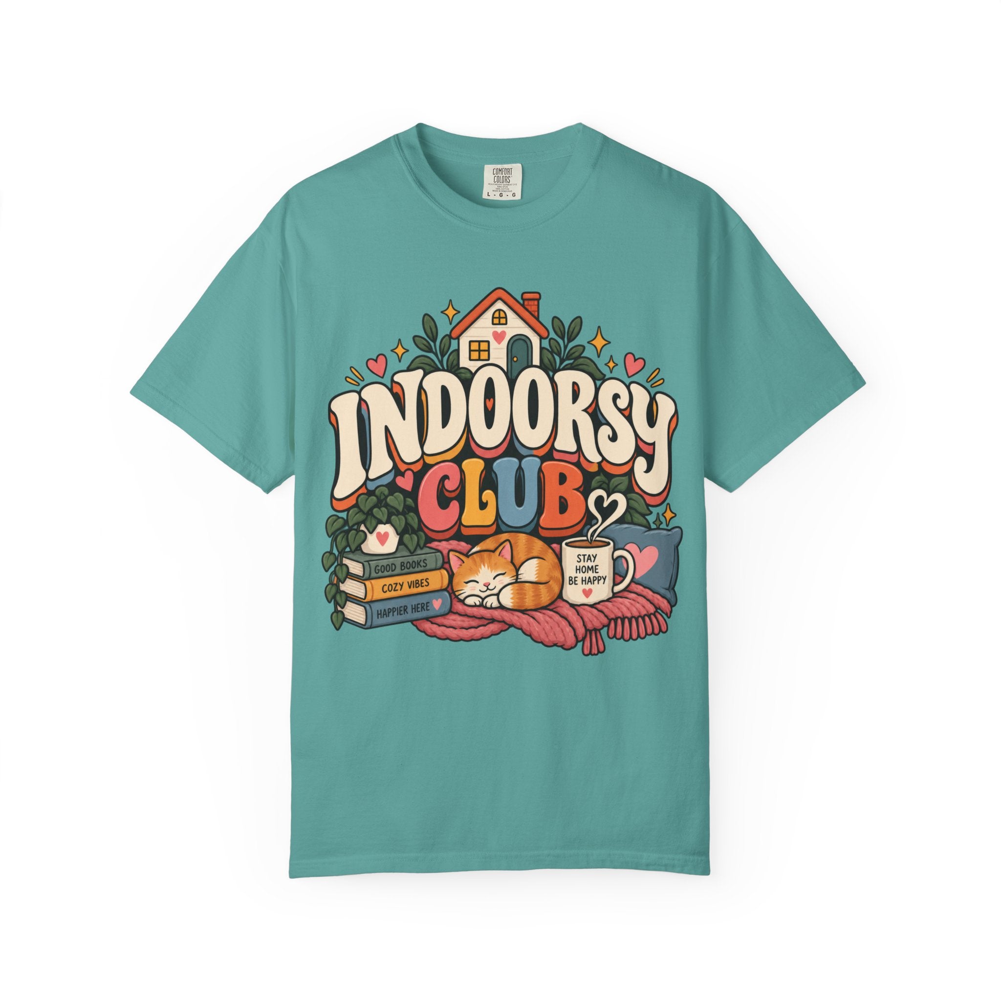 Indoorsy Club T-Shirt — Cozy Homebody Graphic Tee (Cat, Books, Tea) - t-shirt product image 7