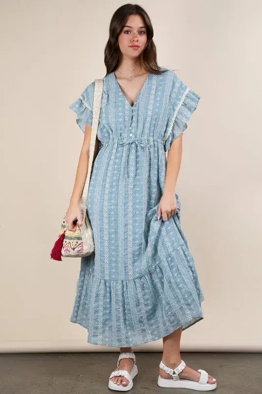 Blue Embroidered Boho Ruffled Midi Dress - Effortless Style, Dresses, $ 55.00, A Moment Of Now™