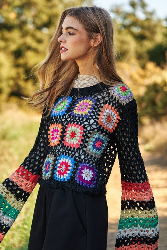 Shop Floral Crochet Striped Sleeve Cropped Knit Sweater For Women, Sweaters, USA Boutique