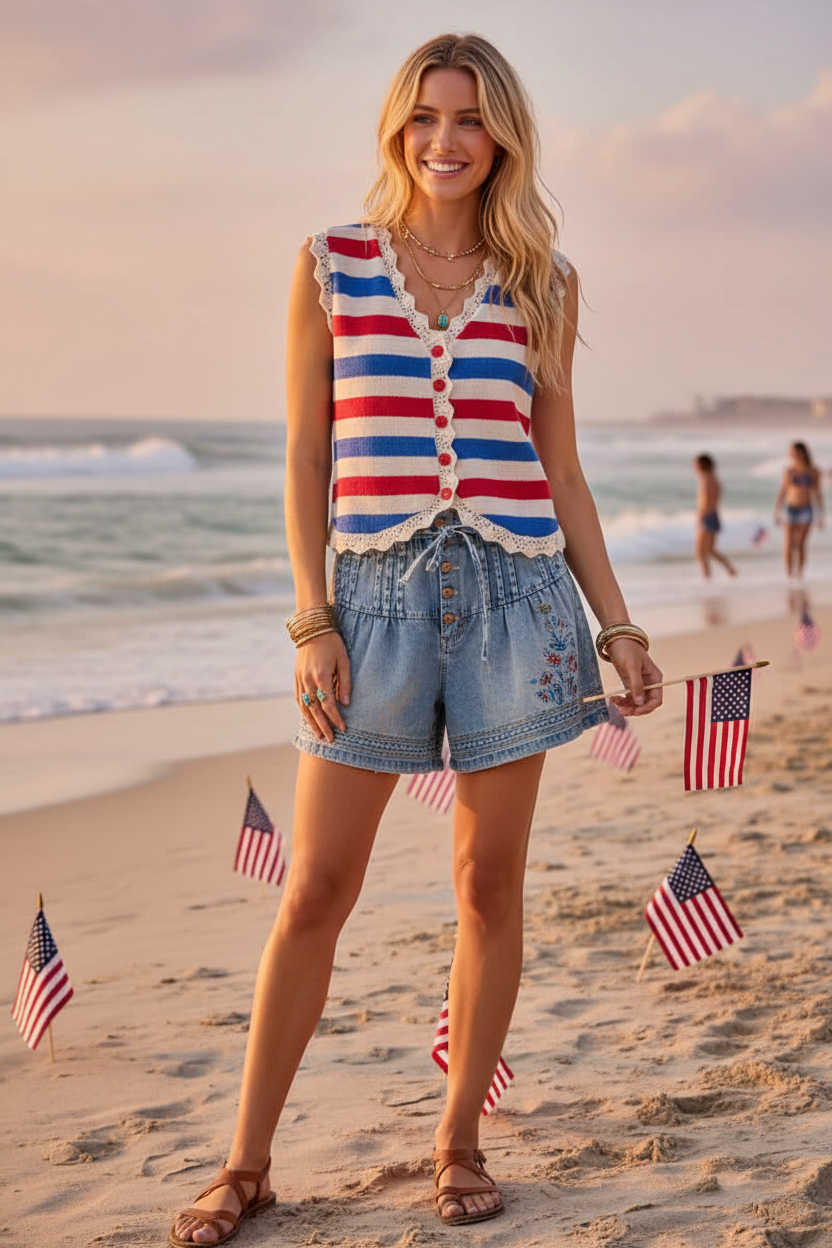 American Fourth Of July Stripe Button Down Vest Top