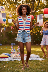 American Fourth Of July Stripe Button Down Vest Top
