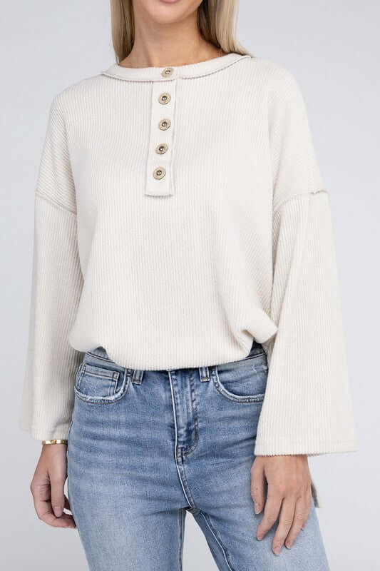 Ribbed Brushed Melange Hacci Henley Sweater, ZENANA, $ 29.00