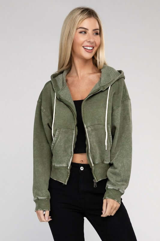 Acid Wash Fleece Cropped Zip-Up Hoodie, ZENANA, $ 49.95