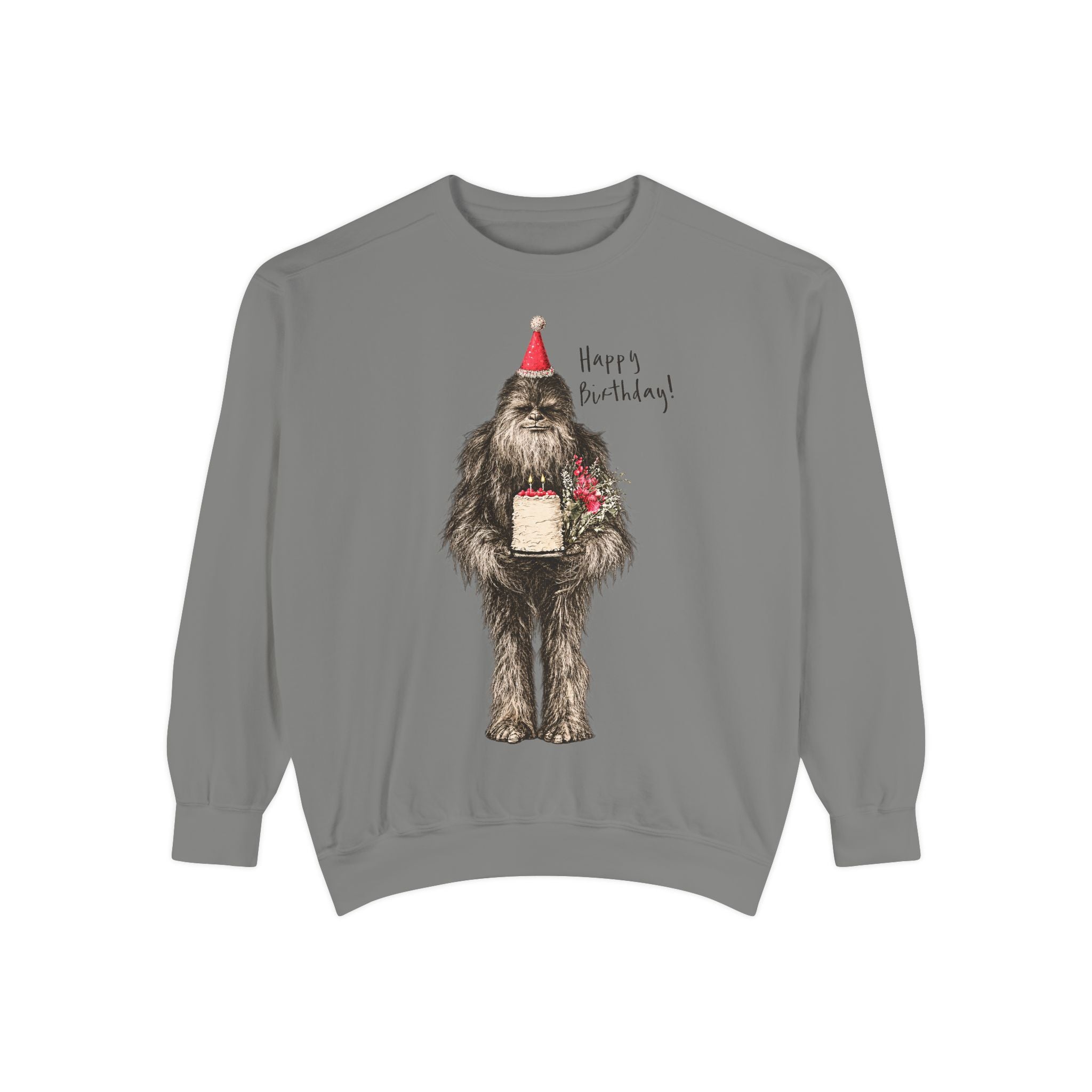Birthday Bigfoot Sweatshirt — Funny Sasquatch with Cake