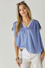 Printed Lace V-Neck Short Sleeve Loose Top, Davi & Dani, $ 49.00