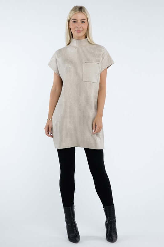 Women's Mock Neck Short Sleeve Mini Sweater Dress with Pocket, ZENANA, $ 55.00