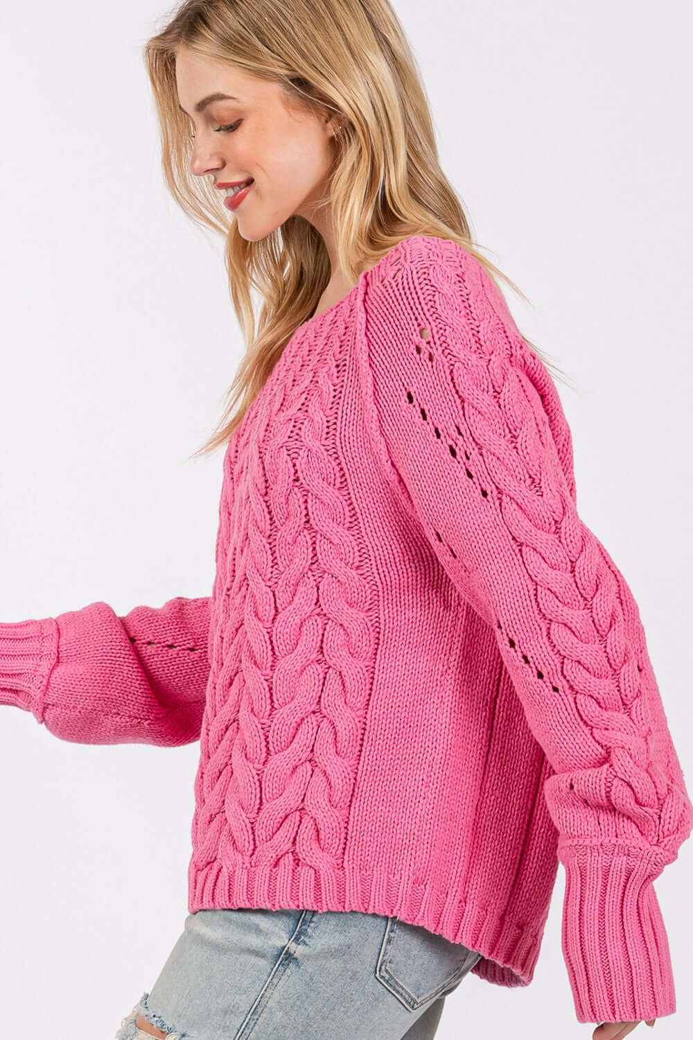 Deep Pink Cable-Knit Long Sleeve Sweater - Cozy Elegance, Sweaters, $ 59.00, A Moment Of Now™