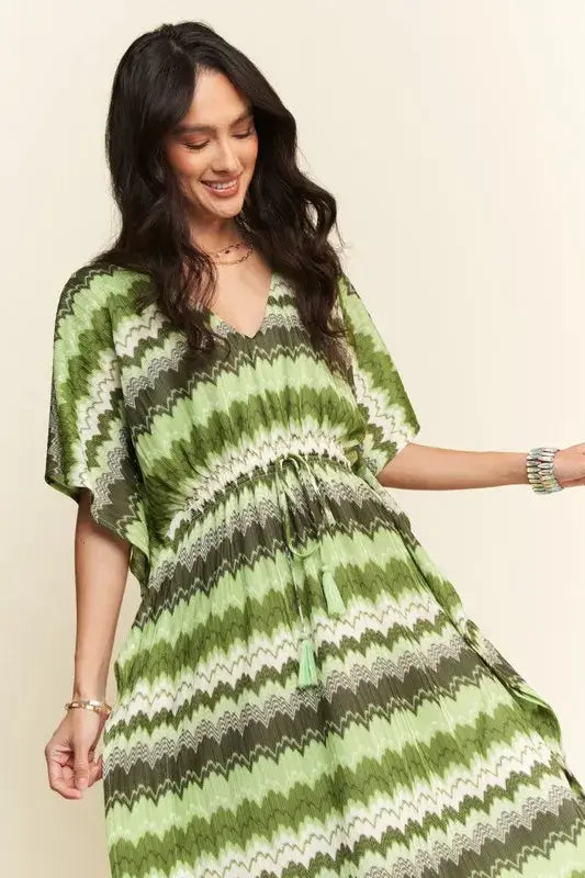 Sage Green Wavy Pattern Tie Waist Dress - Flowy Elegance, Dresses, $ 55.00, A Moment Of Now™