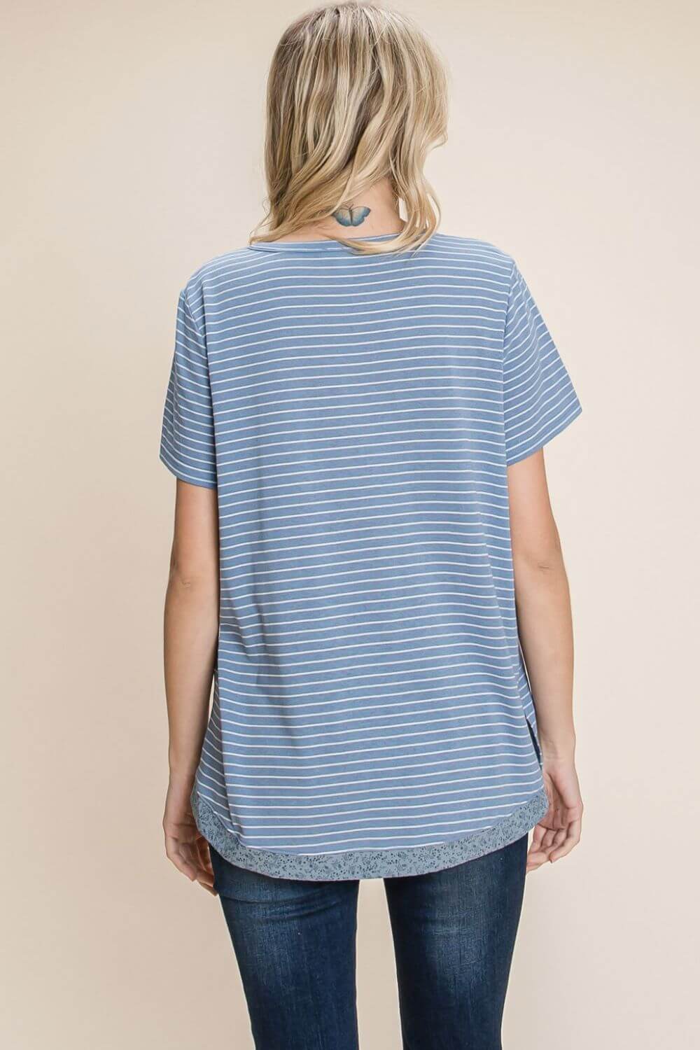 Blue and White Slit Striped Notched Short Sleeve T-Shirt Top, Tops, $ 25.00, A Moment Of Now™