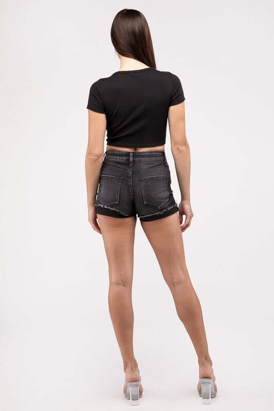 Washed Black Cuffed Raw Hem Denim Shorts, ZENANA, $ 43.95