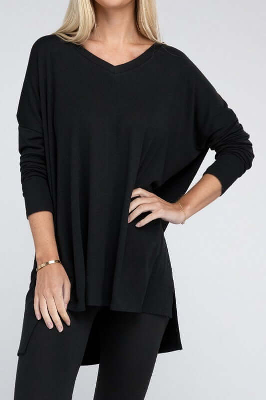 Dolman Long Sleeve V-Neck Side Slit Hi-Low Hem Top, ZENANA, $ 19.00