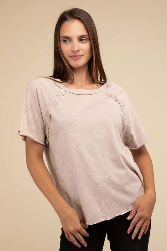 Back Patch Crinkle Washed Raglan Sleeve T-Shirt, ZENANA, $ 27.95