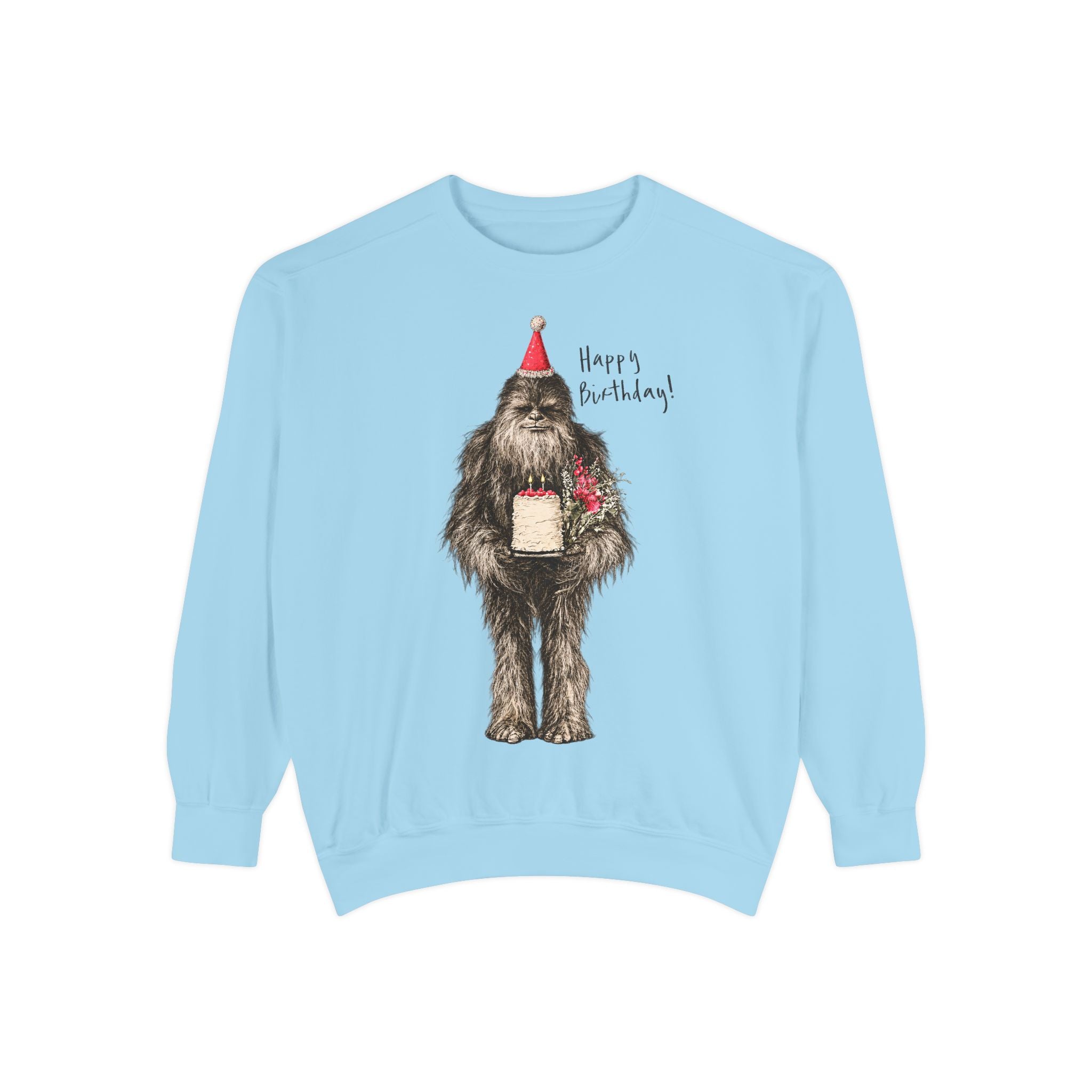 Birthday Bigfoot Sweatshirt — Funny Sasquatch with Cake