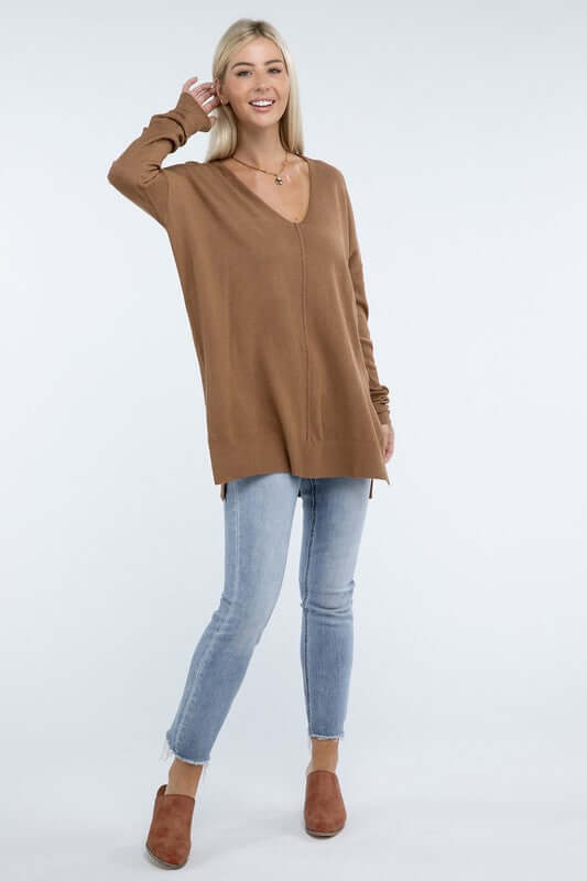 Women's Hi-Low Hem V Neck Front Seam Sweater | USA Boutique, ZENANA, $ 55.00