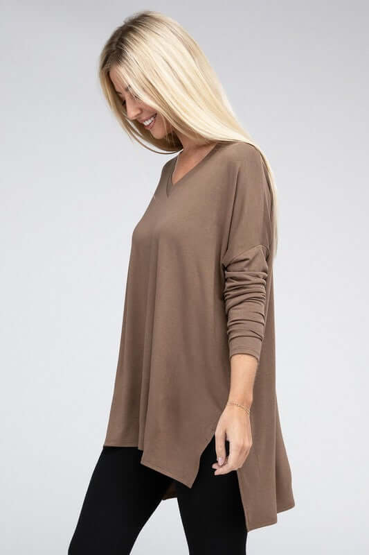 Dolman Long Sleeve V-Neck Side Slit Hi-Low Hem Top, ZENANA, $ 19.00