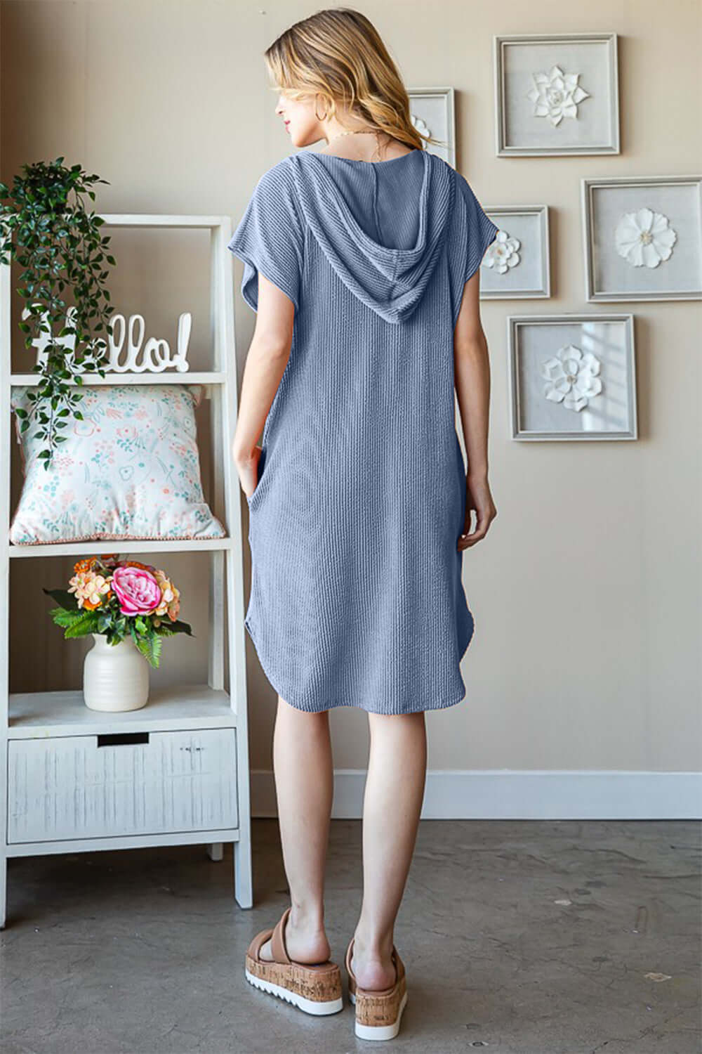 Blue Plus Size Ribbed Short Sleeve Hooded Dress, Dresses, $ 45.00, A Moment Of Now™