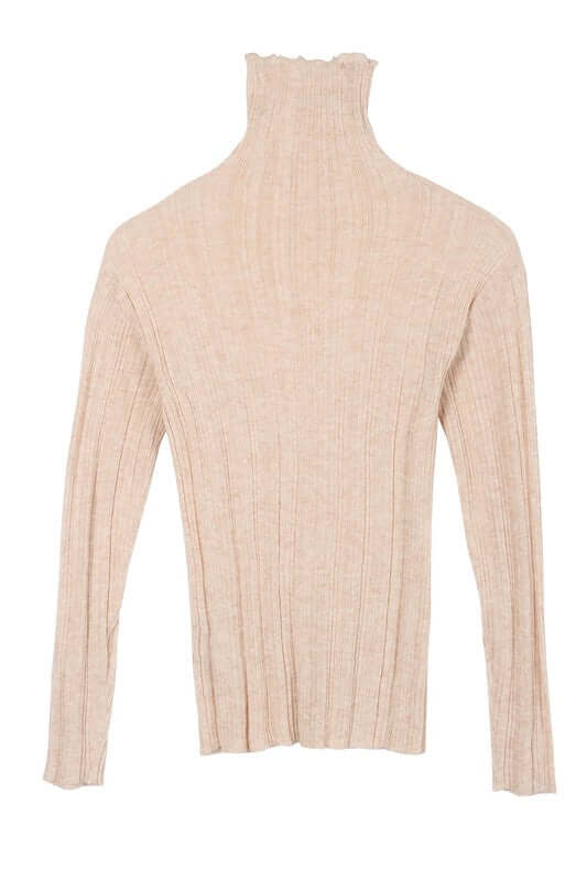 Beige Wool Blended Mock Neck Sheer Sweater