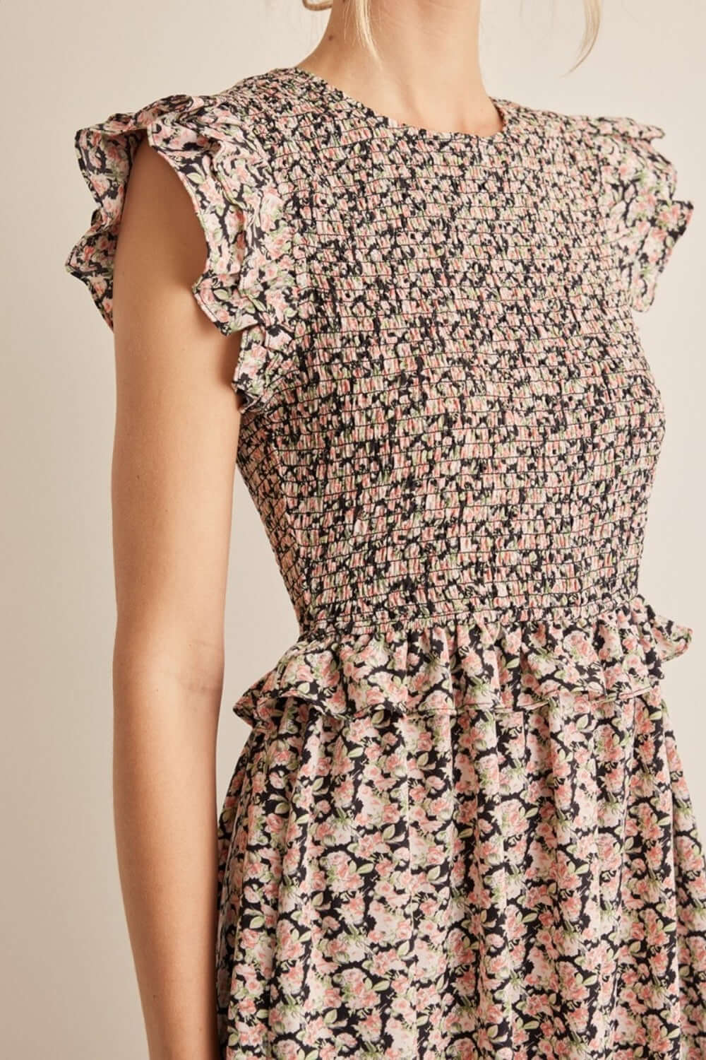 Black Peach Floral Print Smocked Ruffled Midi Dress, In February, A Moment Of Now