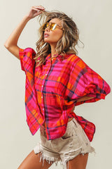 Fuchsia Button Up Dolman Sleeve Plaid Shirt Top, BiBi, A Moment Of Now