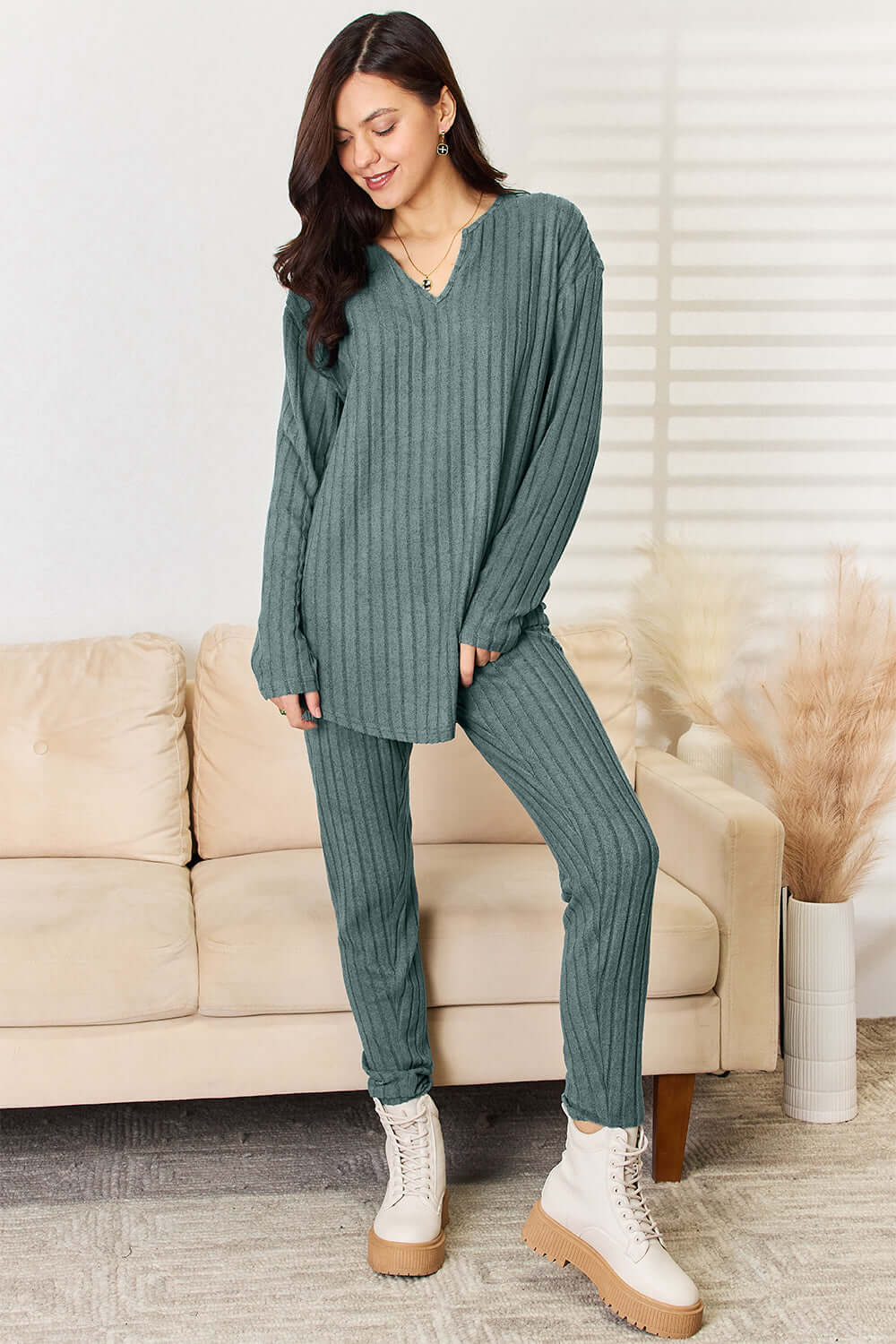 Women's Serene Notched Long Sleeve Top and Pants Loungewear Set, Basic Bae, $ 35.00