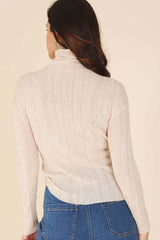 Beige Wool Blended Mock Neck Sheer Sweater