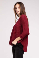 3/4 Sleeve V-Neck Hi-Low Hem Jacquard Sweater, ZENANA, $ 24.95