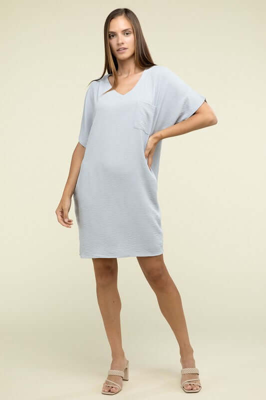 Causal Woven Airflow V Neck T-Shirt Dress with Pockets, ZENANA, A Moment Of Now