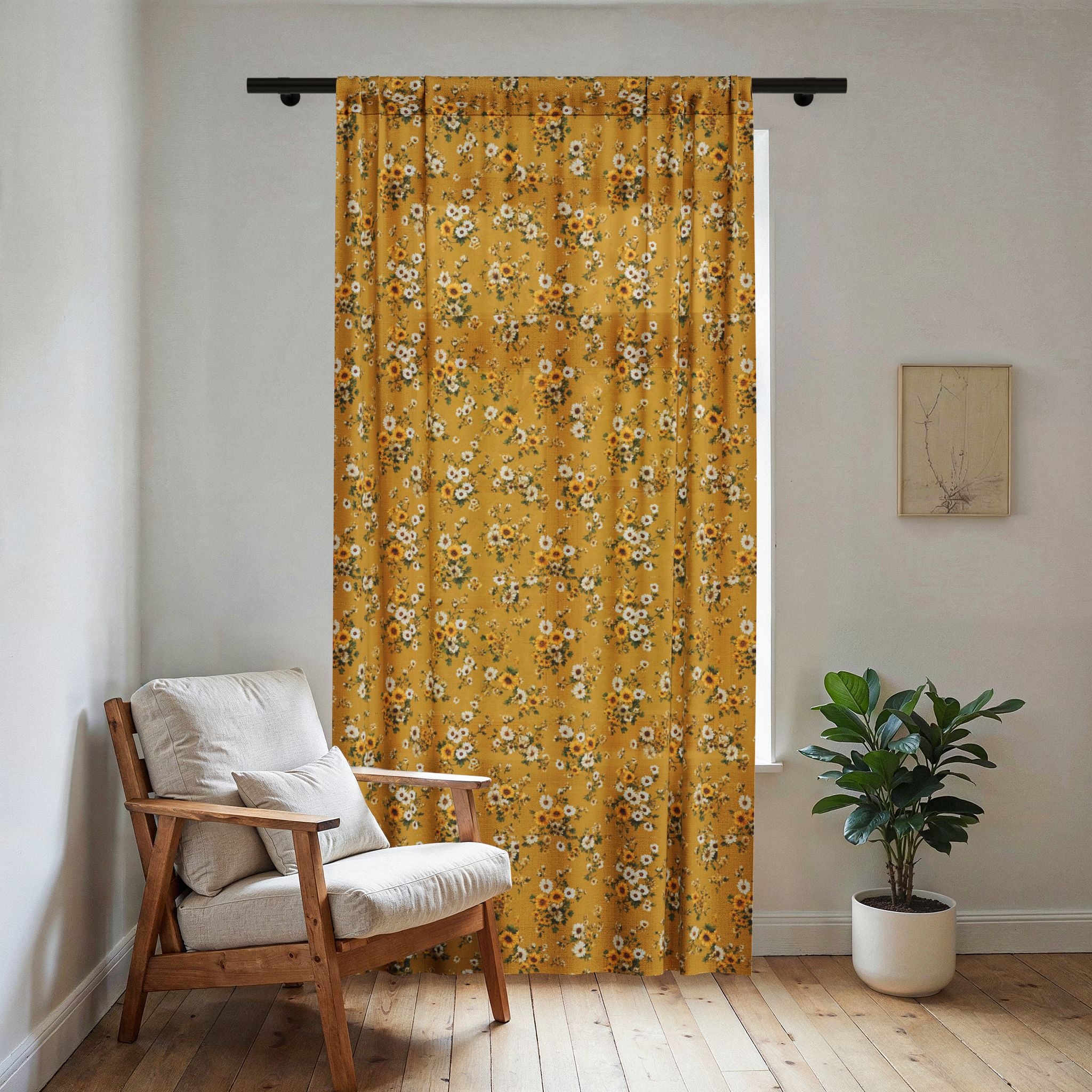 Mustard Floral Sheer Curtain – Vintage Daisy Window Panel