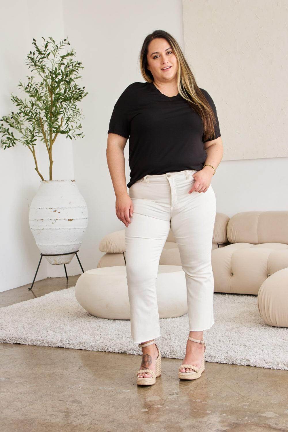 Off White Mini Mia Tummy Control High Waist Raw Hem Jeans, jeans, $ 59.00, A Moment Of Now™