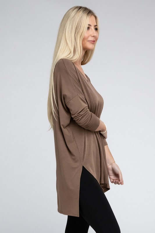 Dolman Long Sleeve V-Neck Side Slit Hi-Low Hem Top, ZENANA, $ 19.00