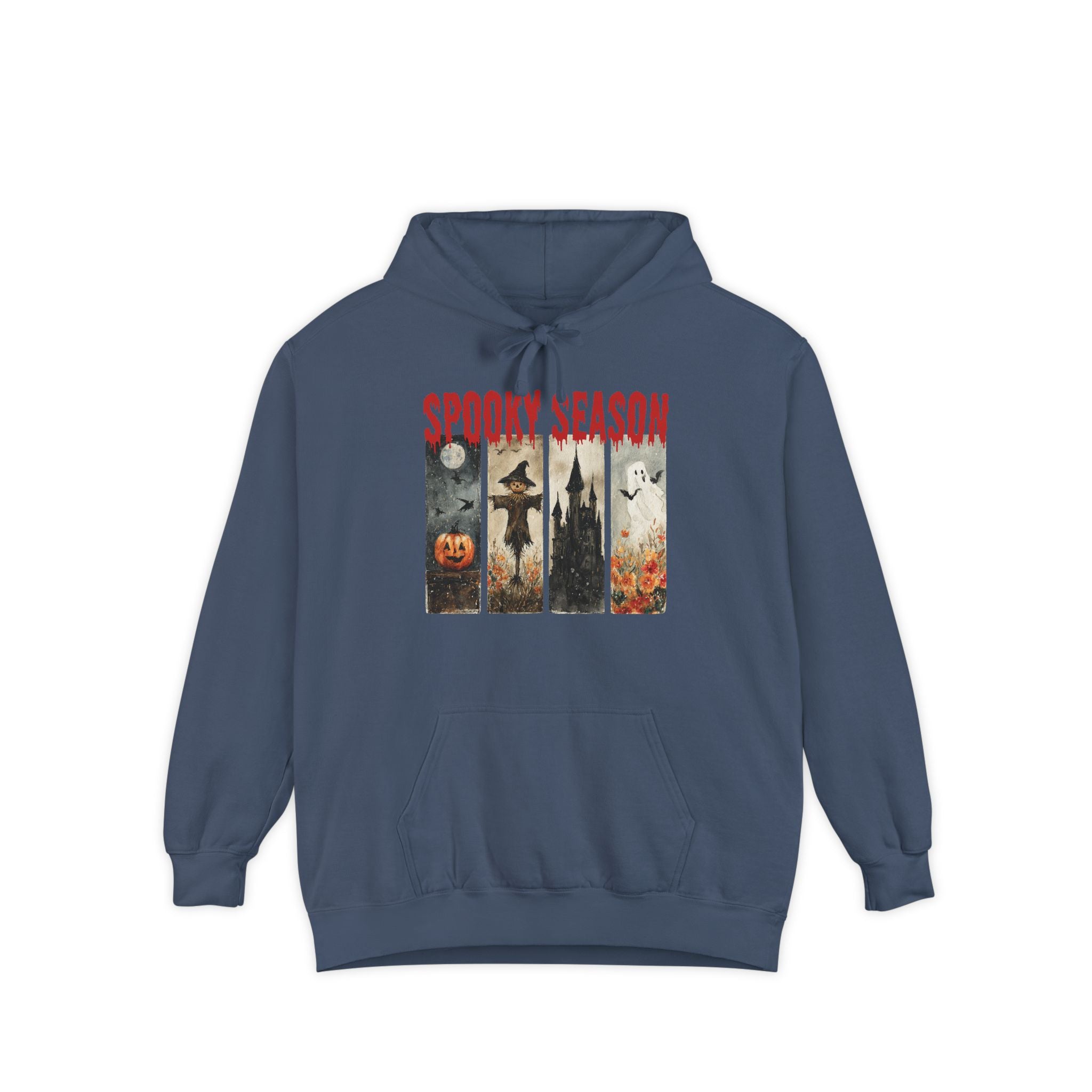 Spooky Season Halloween hoodie with vintage pumpkin, witch and ghost graphic — product mockup