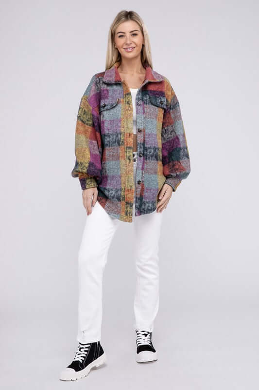 Women's Loose Fit Buttoned Down Check Shirt Jacket Plaid Shacket, BiBi, $ 55.00