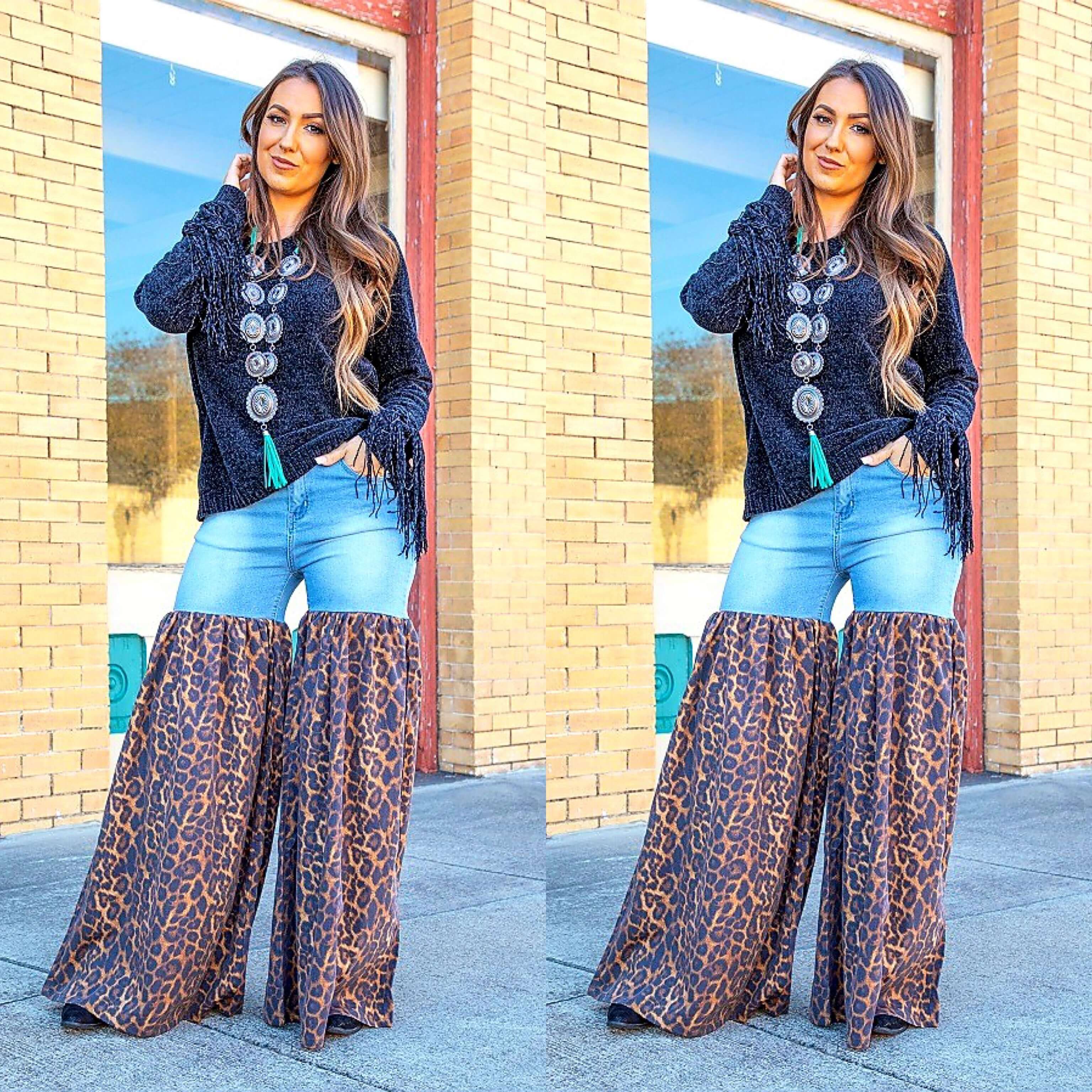 Distressed Light Denim Animal Print Palazzo Wide Leg Jeans