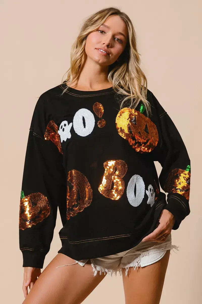 Black Halloween Sequin Embroidery Sweatshirt, Sweatshirts, $ 62.00, A Moment Of Now™