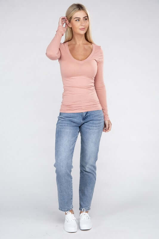 Essential V-Neck Long Sleeve T-Shirt, Ambiance Apparel, $ 25.00