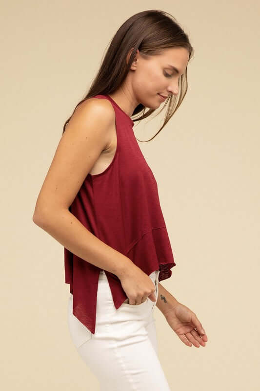 Women's Shark Bite Side Slit Short Sleeveless Top | USA Boutique, ZENANA, $ 25.95