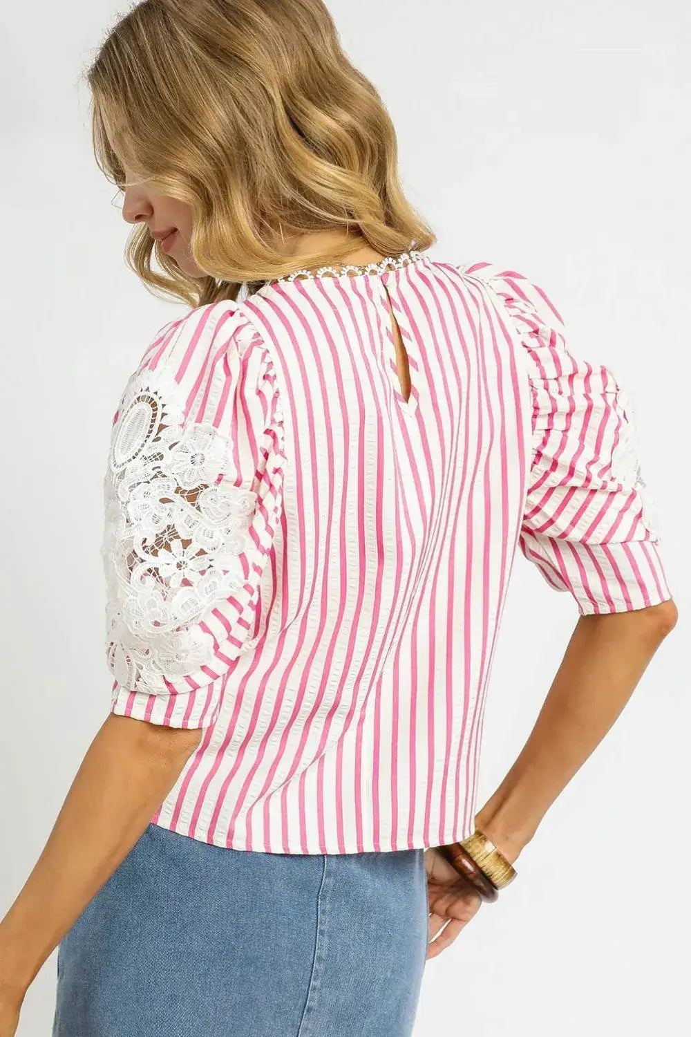 Pink Striped Lace Puff Sleeve Blouse - Chic & Comfy, Blouses, $ 55.00, A Moment Of Now™