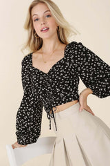 Black Ruched Floral Print Crop Top with Puff Sleeves, Lilou, $ 33.95