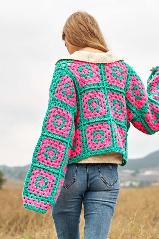 Floral Square Crochet Open Knit Cardigan