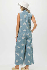 Blue Star Print Half Zip Sleeveless Denim Jumpsuit, BiBi, A Moment Of Now