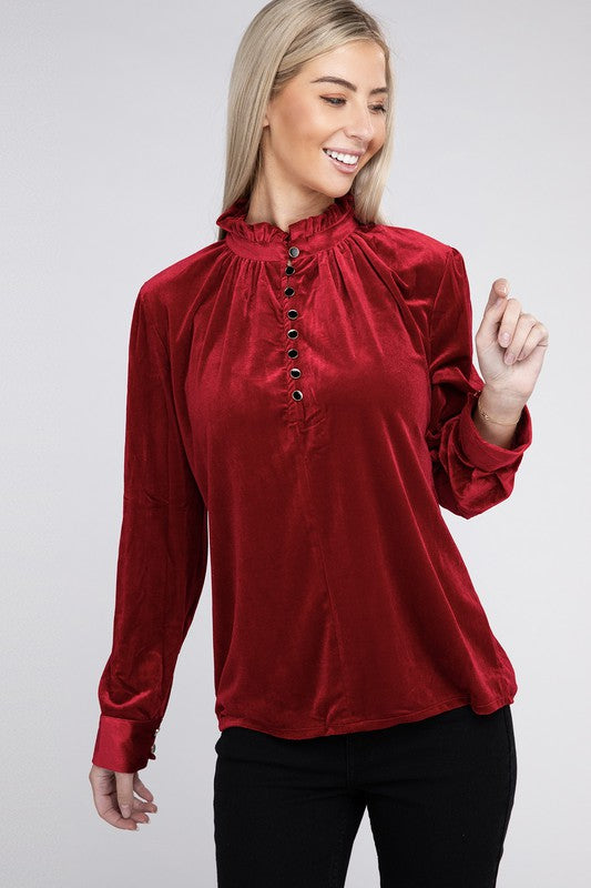 Shop Women's Frill Notched Neckline Long Sleeve Red Velvet Blouse, Blouses, USA Boutique