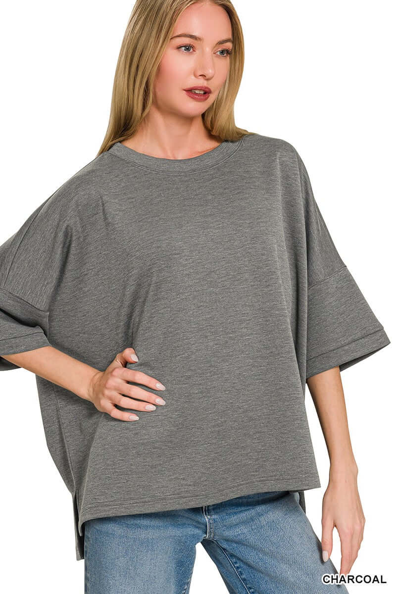 Charcoal Scuba Round Neck Top with Side Slits | Plus Size | Zenana, Tops, $ 28.00, A Moment Of Now™