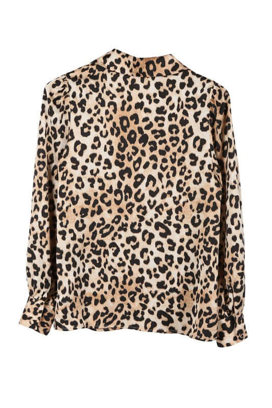 Brown Satin Leopard Long Sleeve Collared Blouse Shirt, Lilou, A Moment Of Now