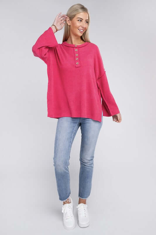 Ribbed Brushed Melange Hacci Henley Sweater, ZENANA, $ 29.00