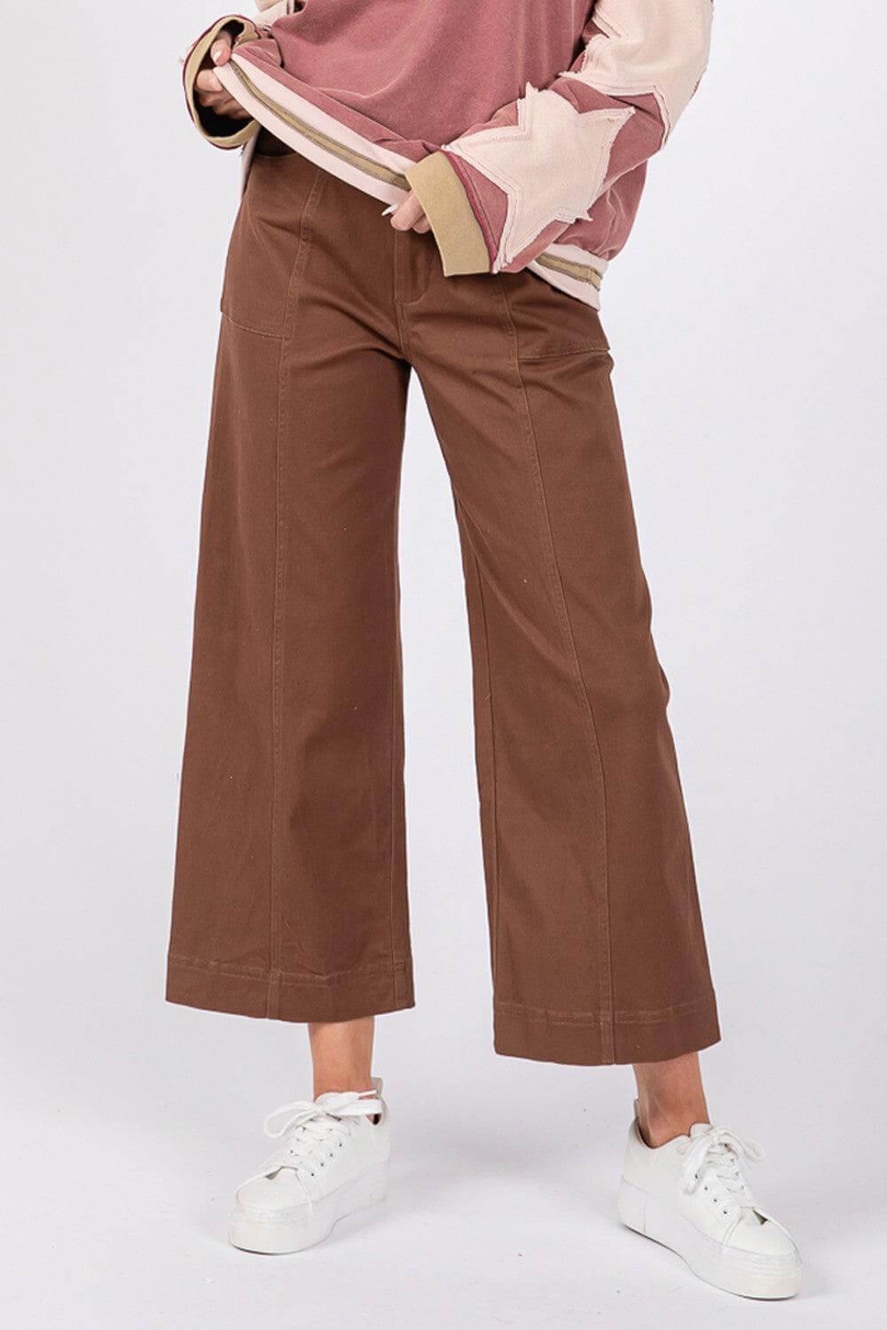 Mocha Brown Comfy Wide Leg Cropped Pants - Stylish Comfort, Pants, $ 64.00, A Moment Of Now™