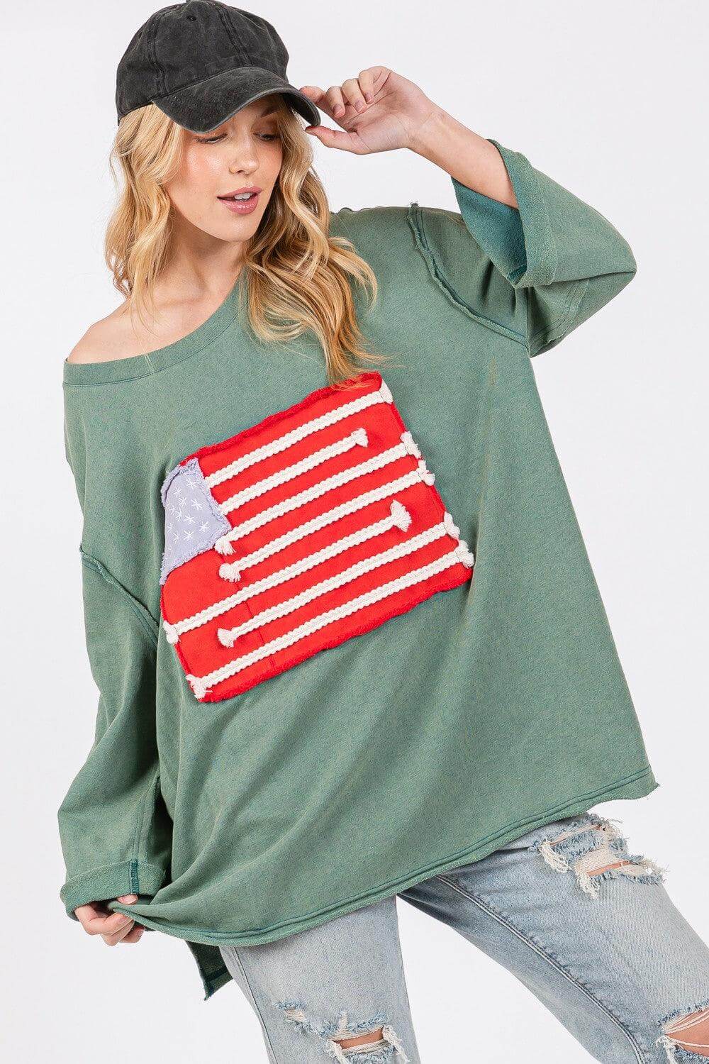 Teal American Flag Patch Drop Shoulder T-Shirt, SAGE + FIG, $ 53.00