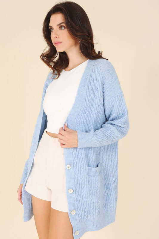 Light Blue Wool Blended Cable Knitted Cardigan